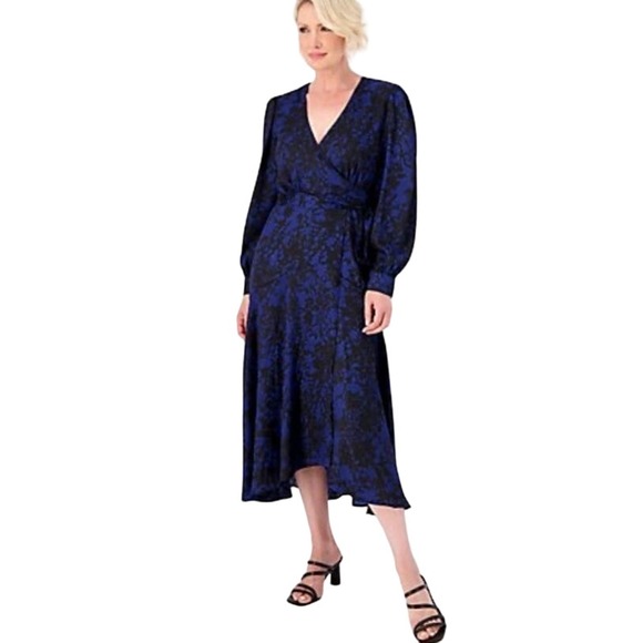 Susan Graver Occasions Reg Printed Woven Jacquard Wrap Dress NWOT BLue Size M - Picture 1 of 8